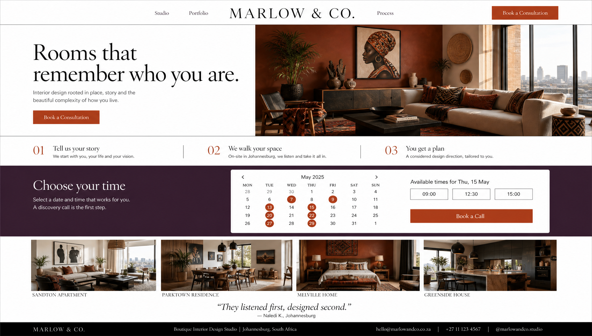 Marlow & Co. Interior Design booking page concept — terracotta and plum