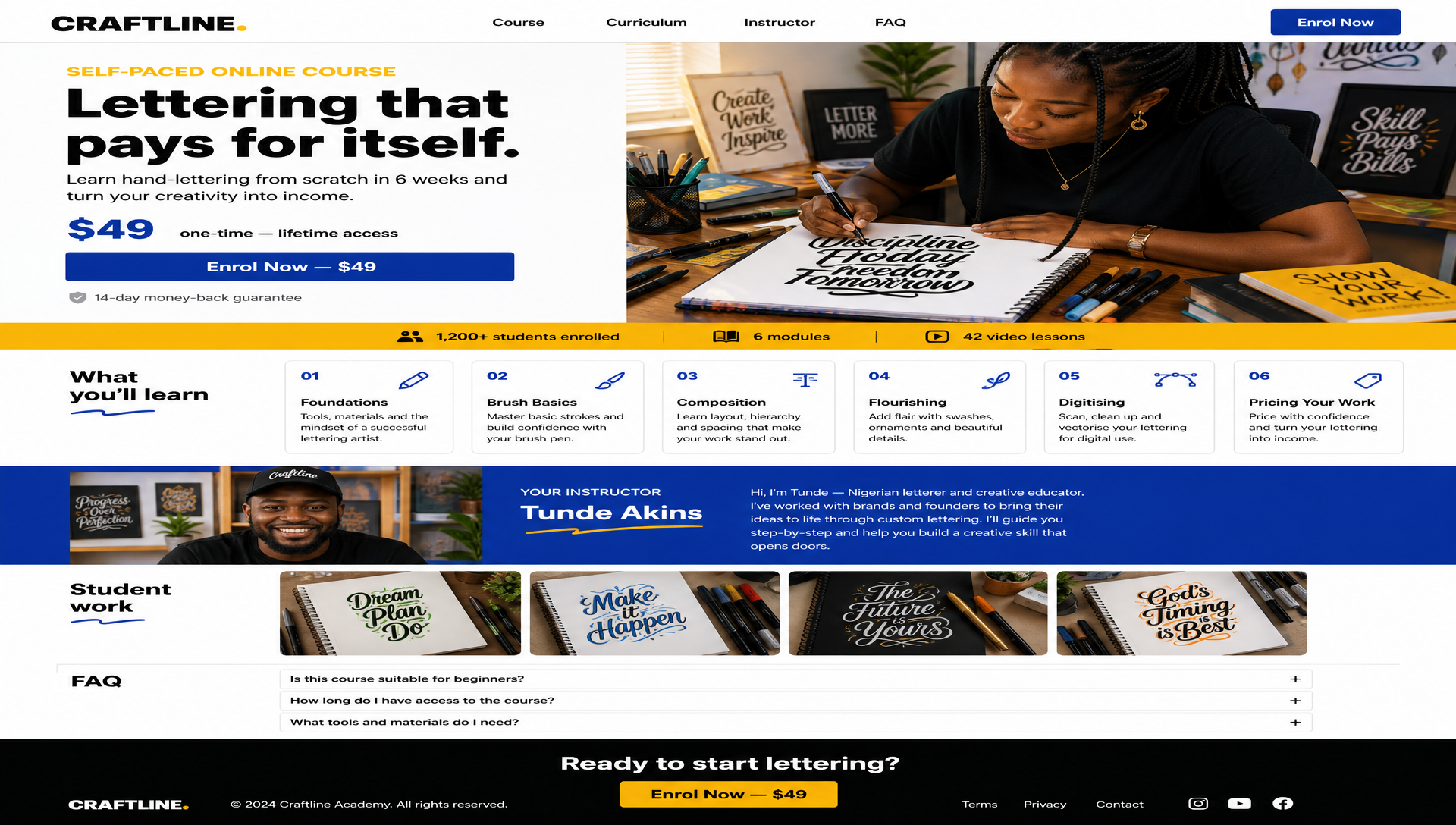 Craftline Academy digital product page concept — cobalt and mustard course brand