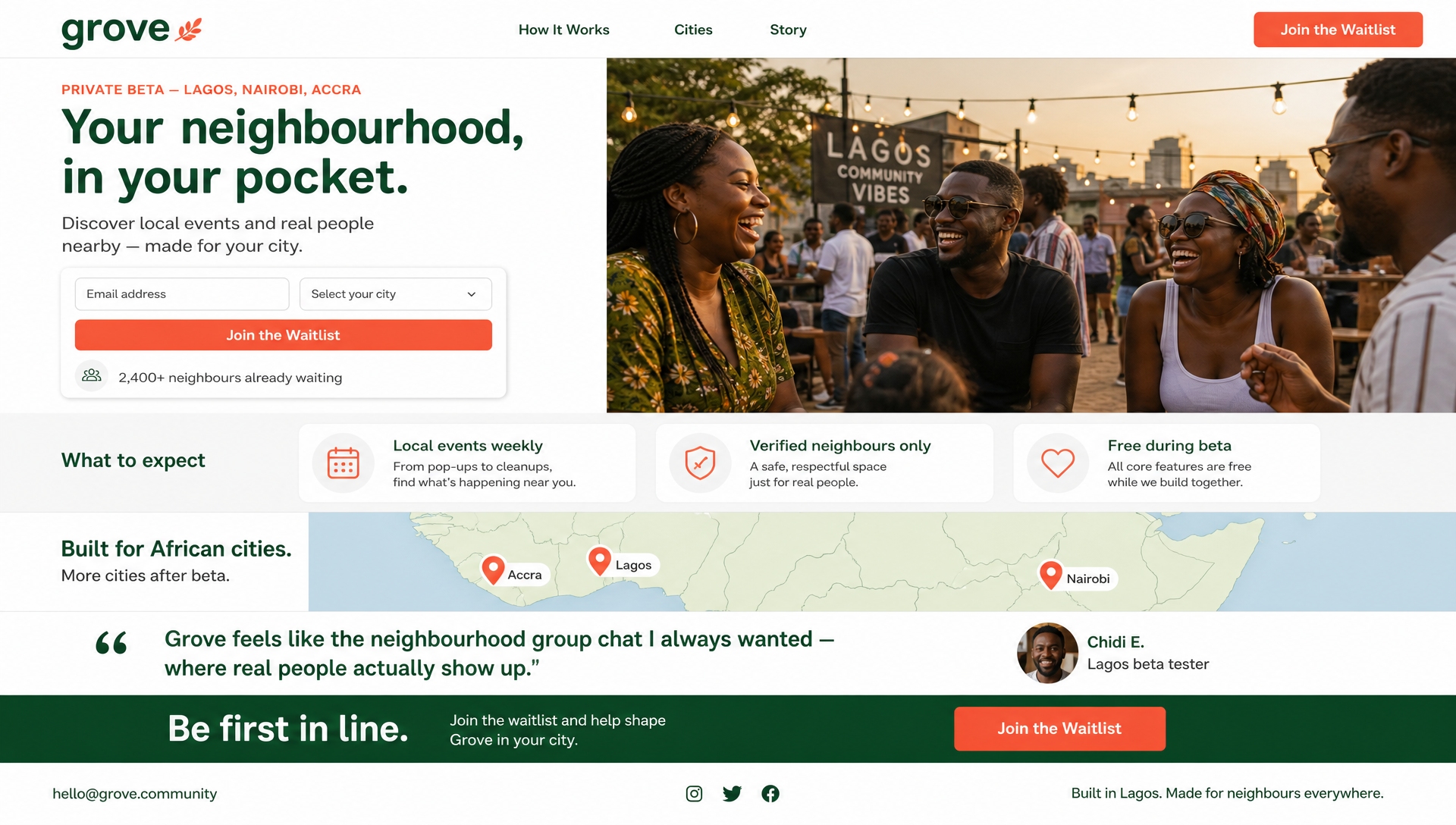 Grove waitlist and registration page concept — forest green and coral community app
