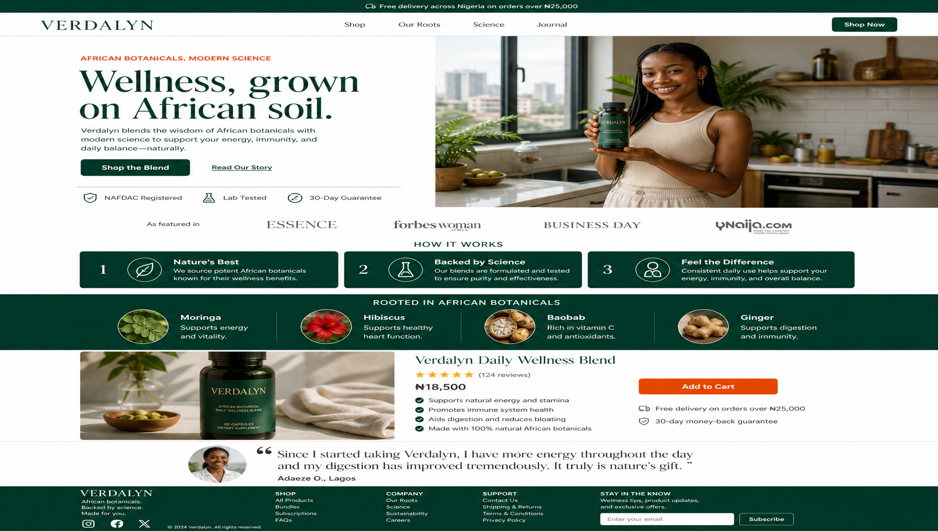 Verdalyn product sales landing page concept — emerald and citrus supplement brand
