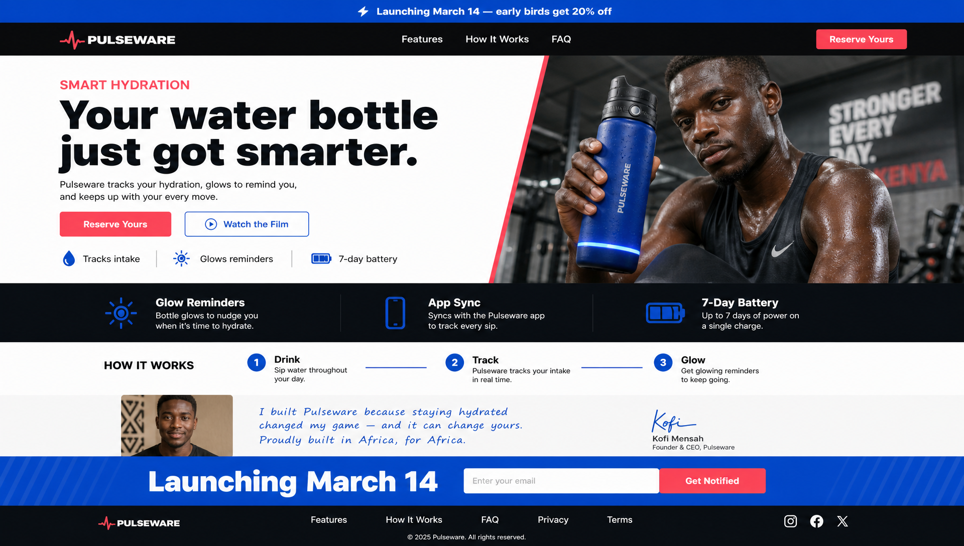 Pulseware launch campaign page concept — electric blue and coral product launch