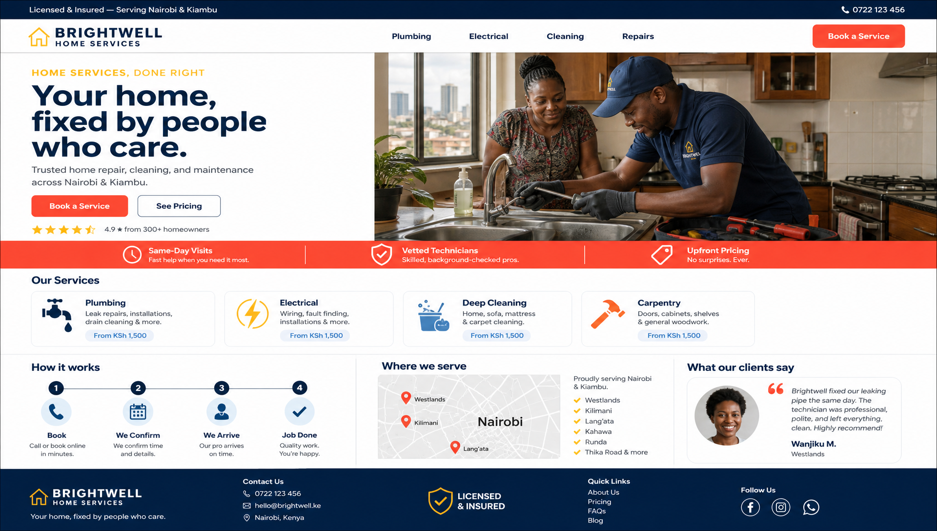 Brightwell Home Services landing page concept — navy and coral home services brand